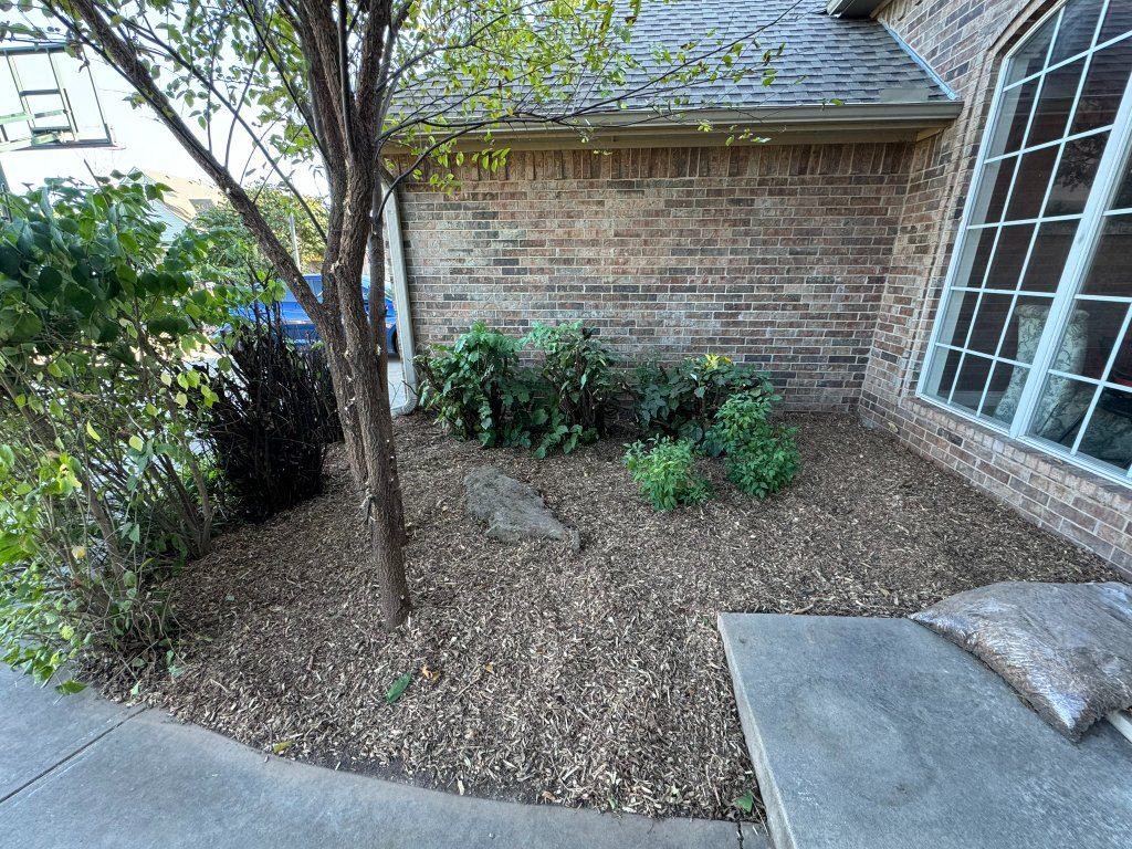 Stone groundcover around a tree and shrubs beside a brick house