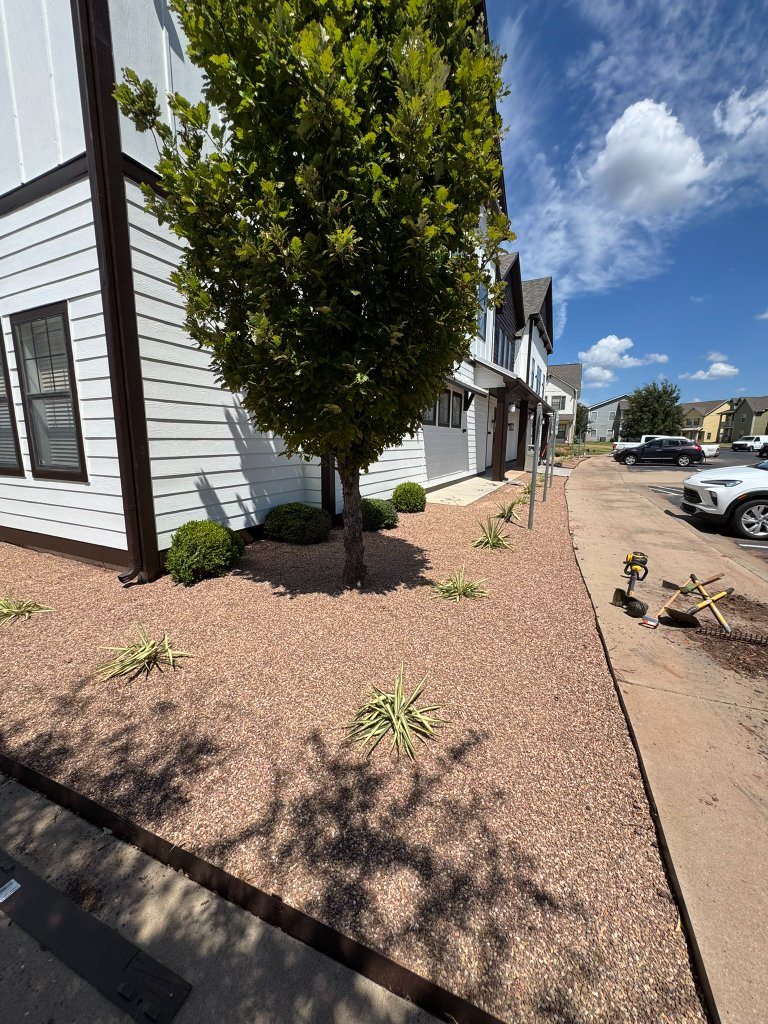 Rock-covered planting bed and trees alongside a Cottage Row building